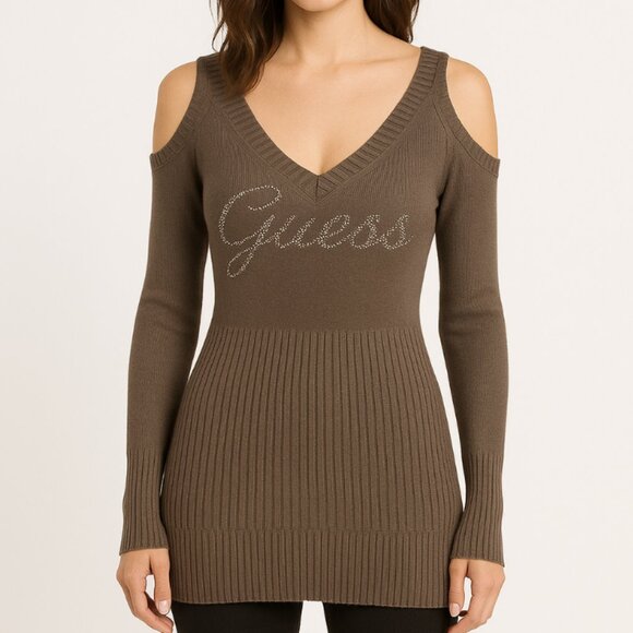 Guess | Taupe Brown Cold Shoulder Sweater Y2K Rhinestone Embellished | Medium - Picture 1 of 12